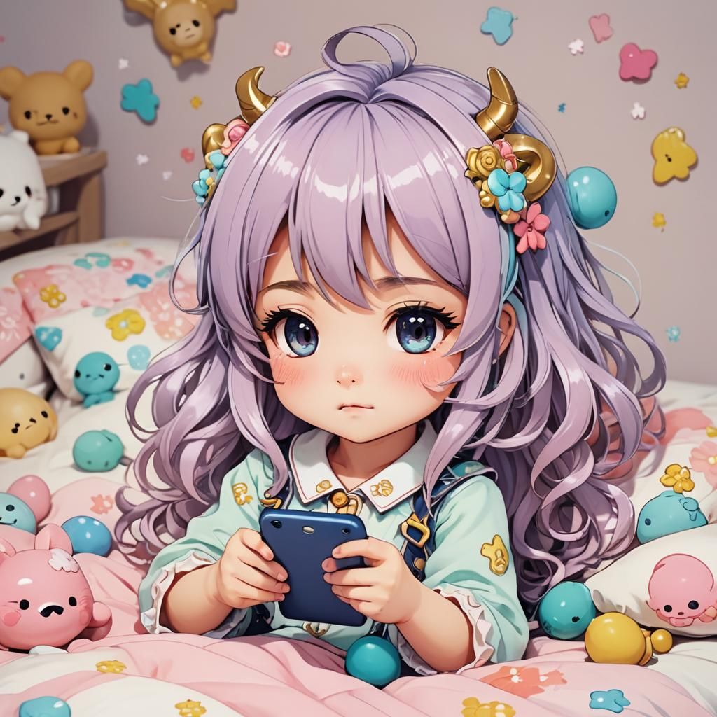 Anime Chibi Gawr Gura with Smartphone in Kawaii Style