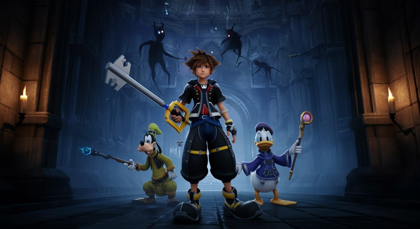Sora, Goofy, and Donald Duck in a Mystical Realm
