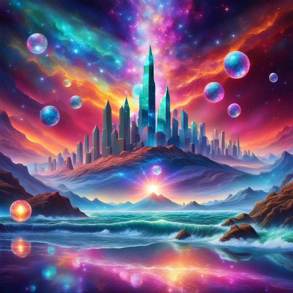 Crystal City Reflecting Nebulas in Holographic Style