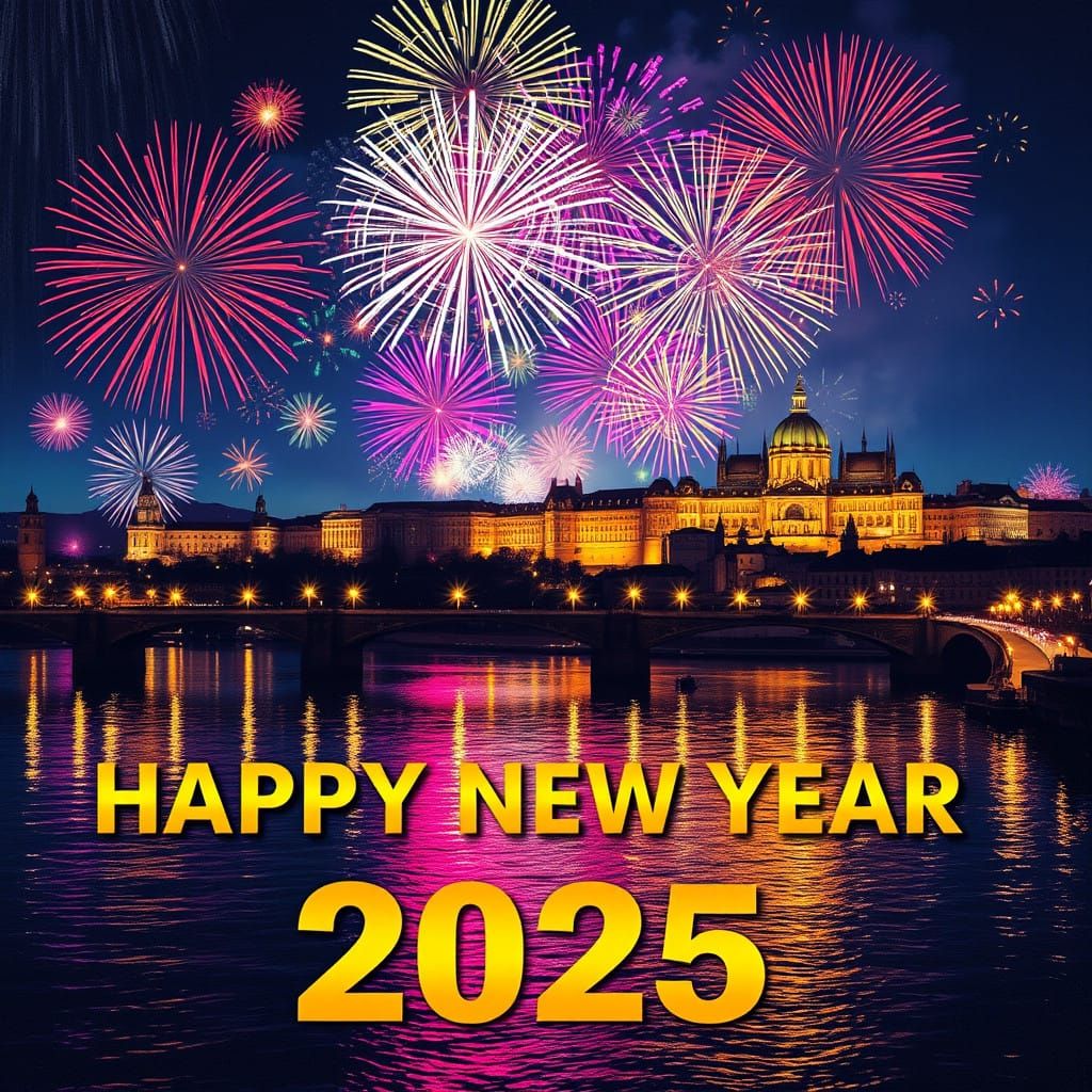 Fireworks Illuminate Prague Skyline on New Year's Eve 2025 i...