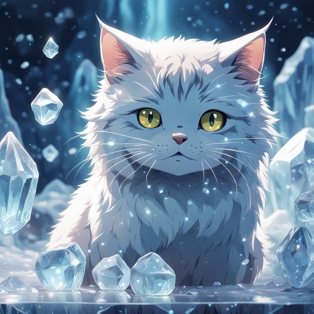 Icy Crystal Cat in Anime Style