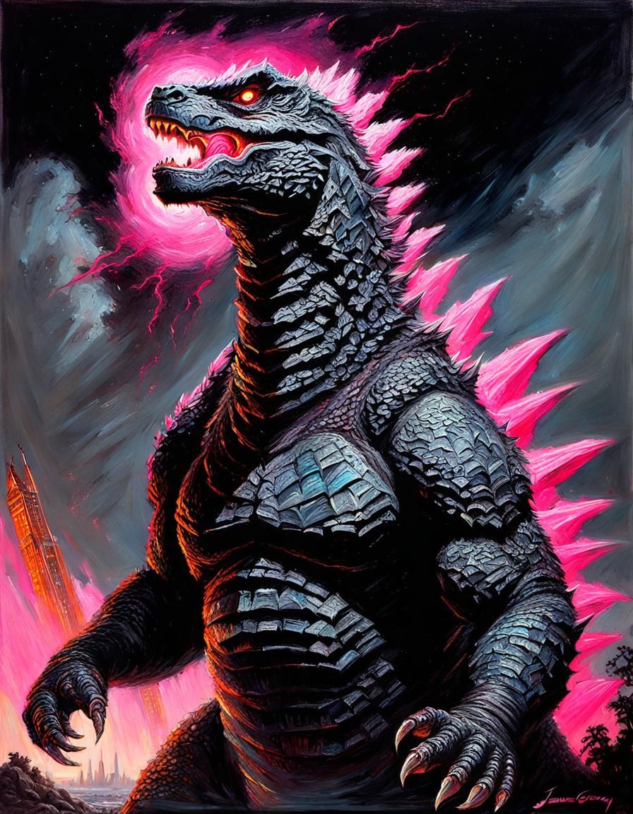 Godzilla with Pink Bioluminescence, Oil Painting