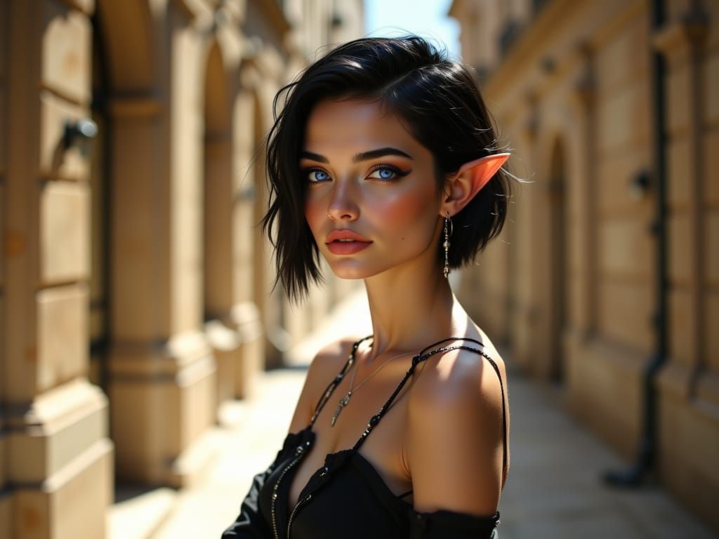 Modern Elf Woman in Sunlit Arcade Portrait