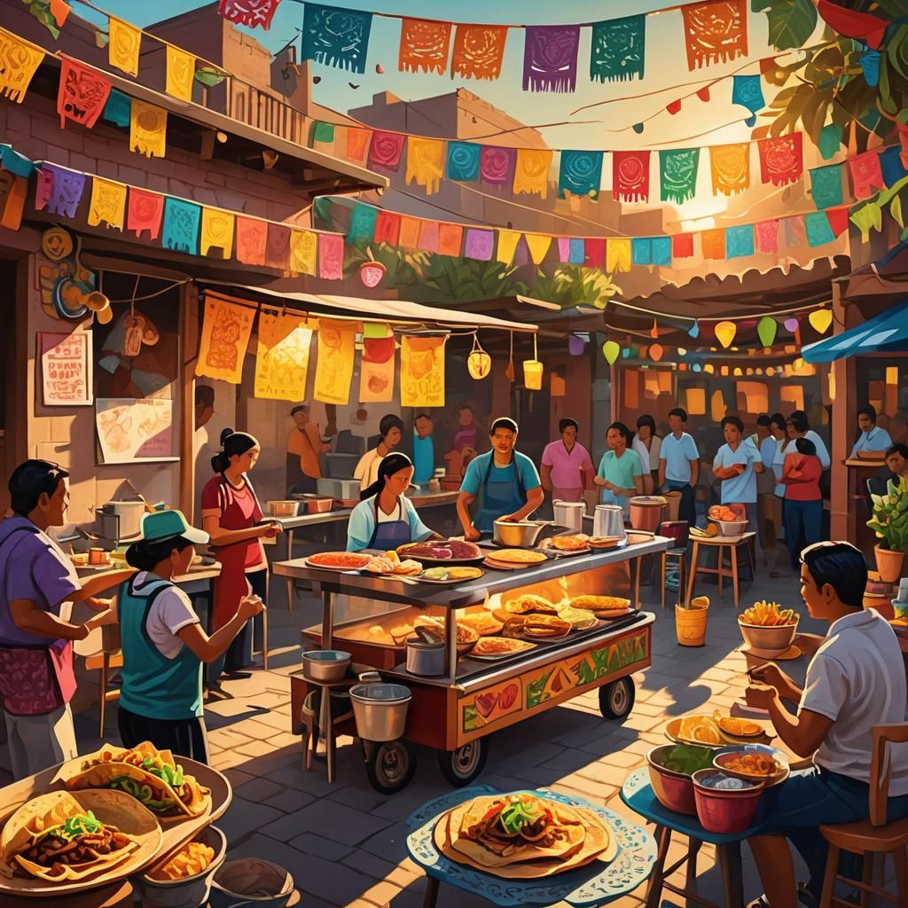 Taco Stand at Sunset: A Mexican Folk Art Scene