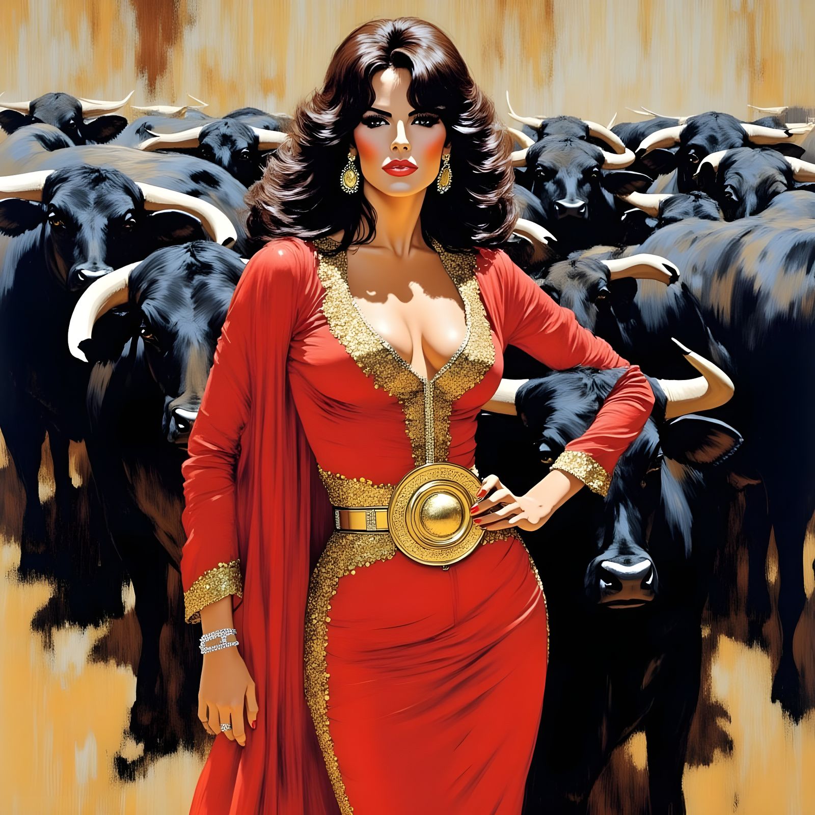 Raquel Welch Bullfighter Portrait in Vibrant Style