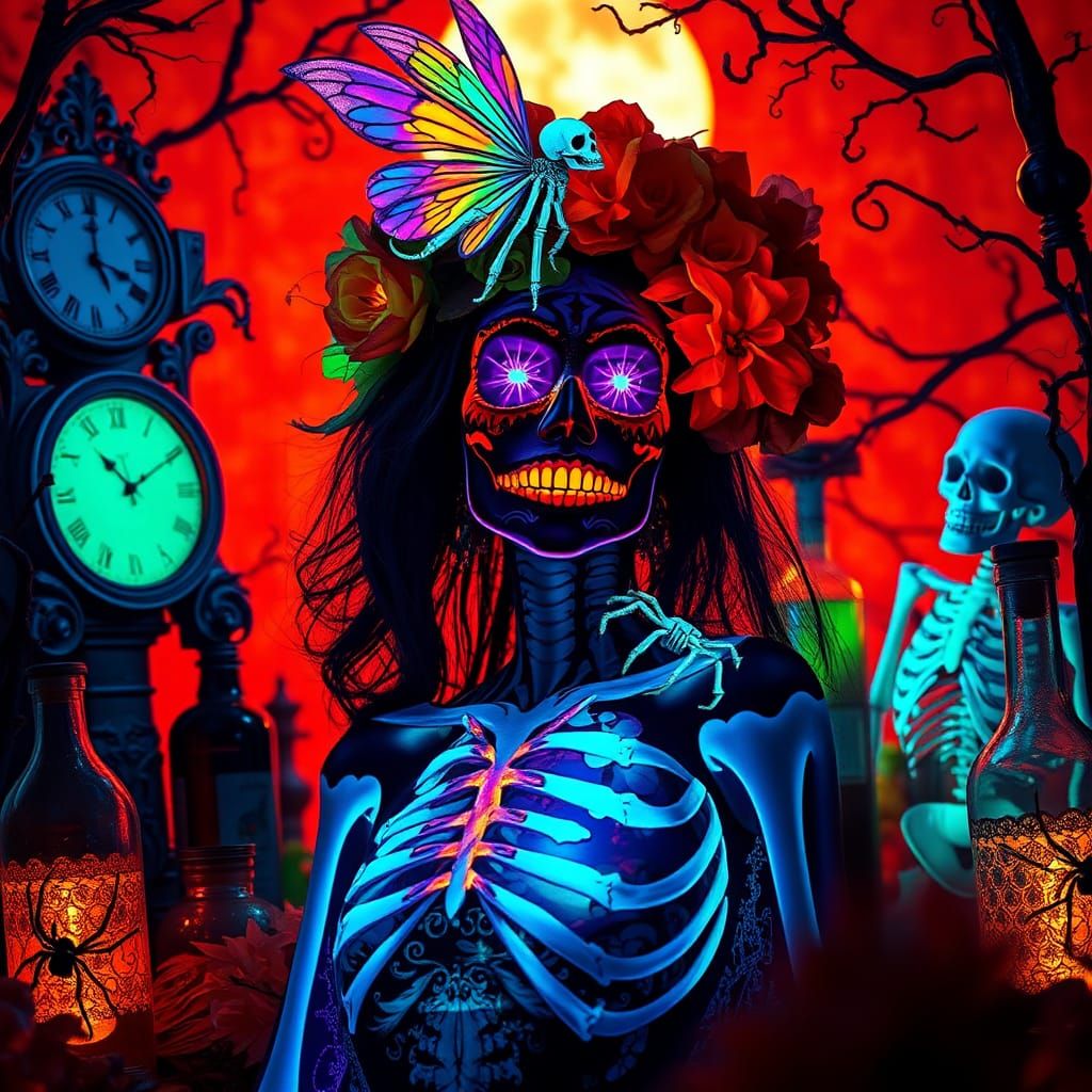 Day of the Dead Catrina in Surreal Halloween Dreamscape