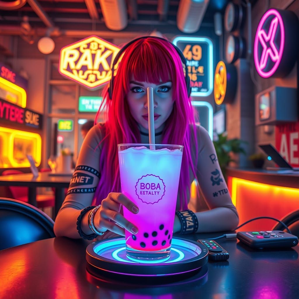 Futuristic Boba Tea with Hacker Girl in Cybernetic Cafe