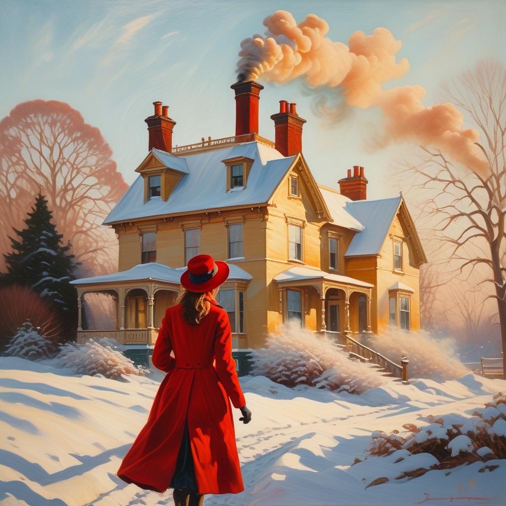 Woman Walking Towards a Snow-Covered Victorian House in Warm...