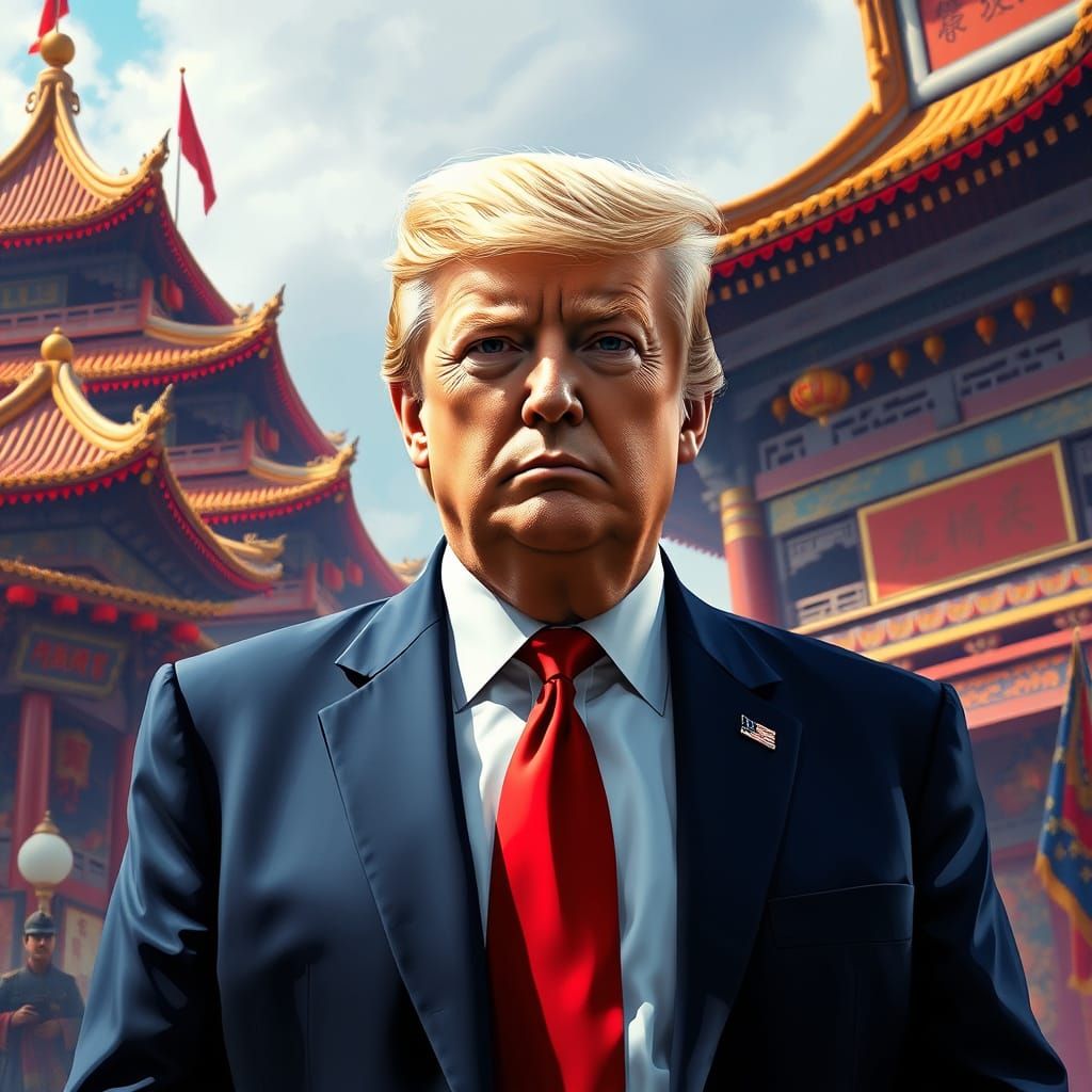 Donald Trump in China, Hyperrealistic Splash Art Style