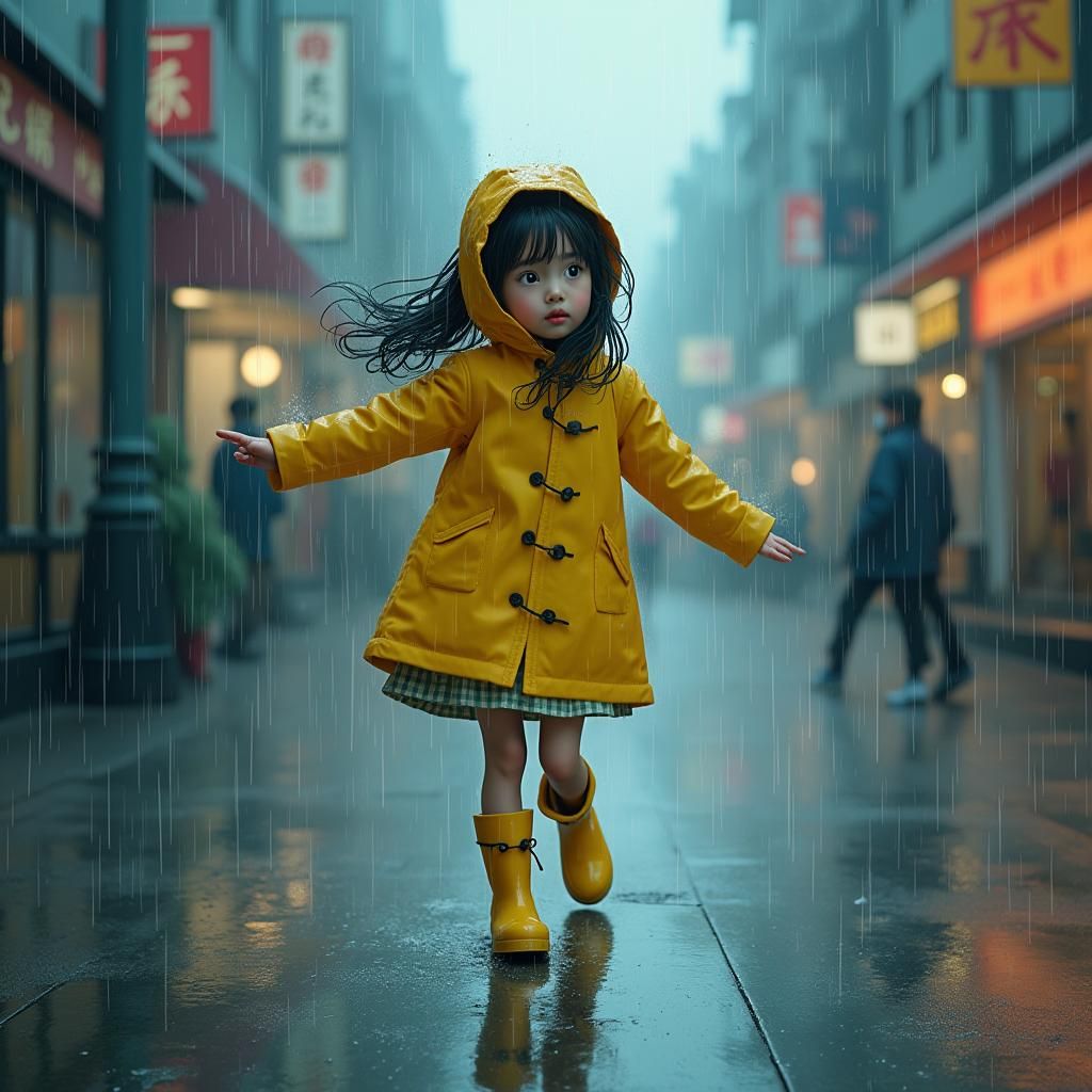 Girl Dancing in Rainy Cityscape, Anime Style