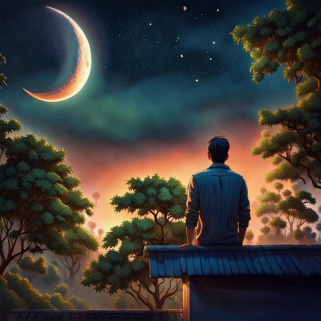 Man Watches Moonlit Sky in Bangladesh, Hyperrealistic Style