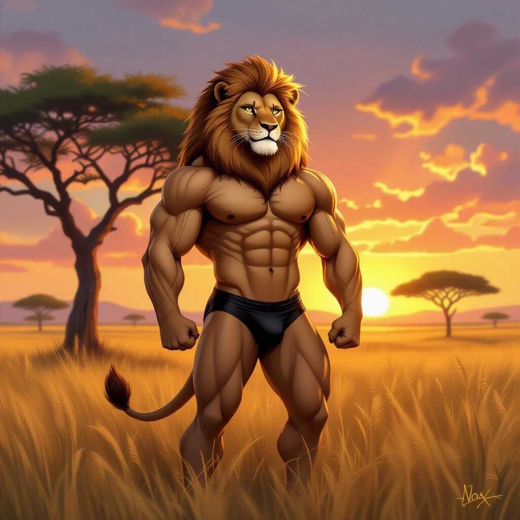 Anthro Lion in Savanna, Vibrant Digital Art