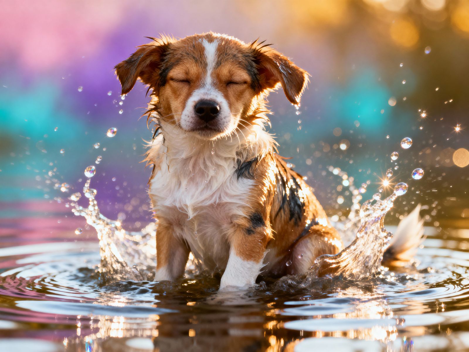 A young brown and white mixed-breed dog sits serenely amid a...