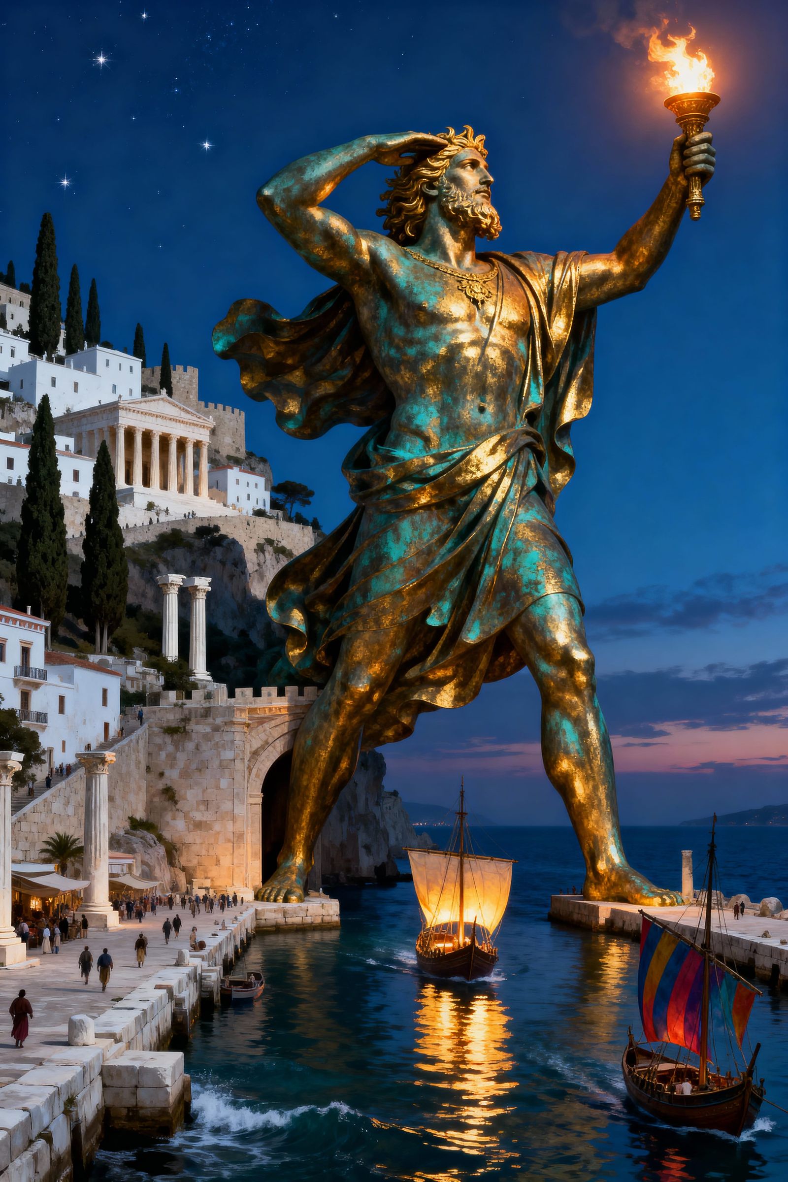 Colossal Bronze Helios Statue Over Ancient Harbor