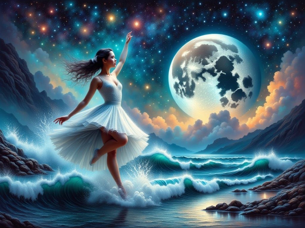 Surreal Cosmic Ballerina Dances Under Blood Moon