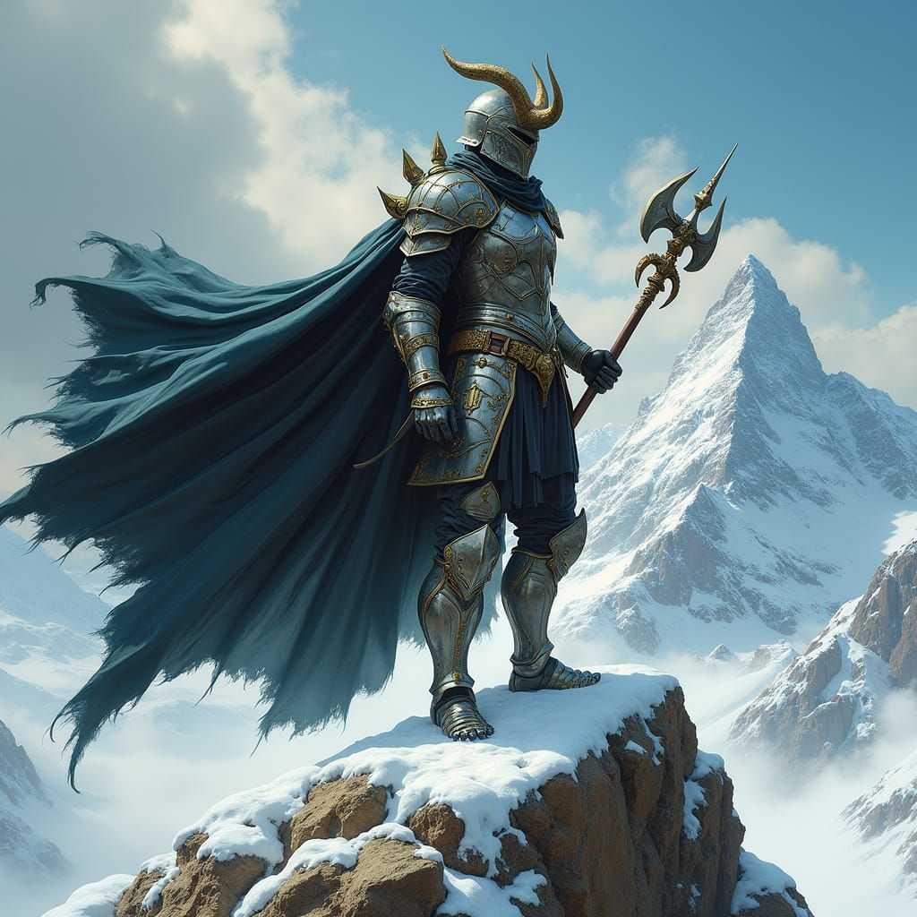 Fierce Warrior on Snow Mountain in Art Nouveau Style