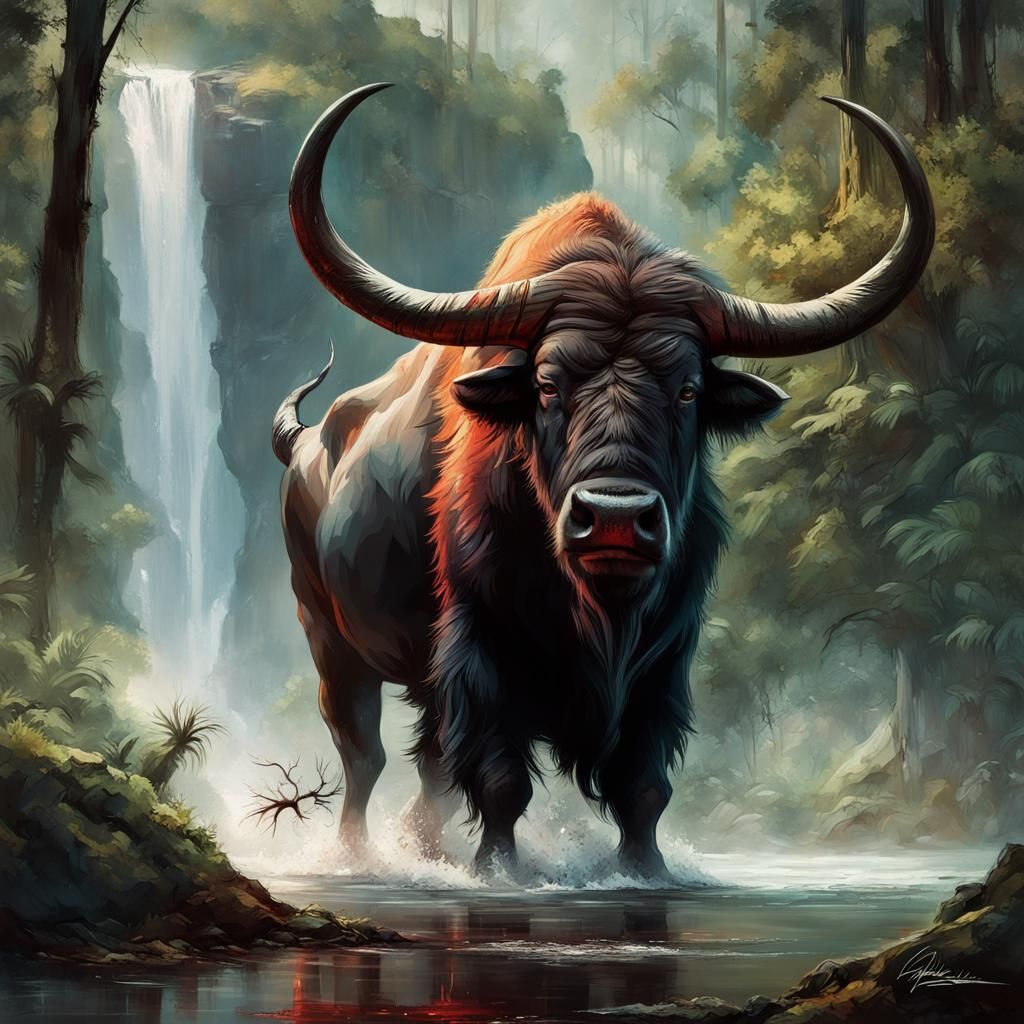 Angry Buffalo Bull in Rainforest: Hyperrealistic Digital Art