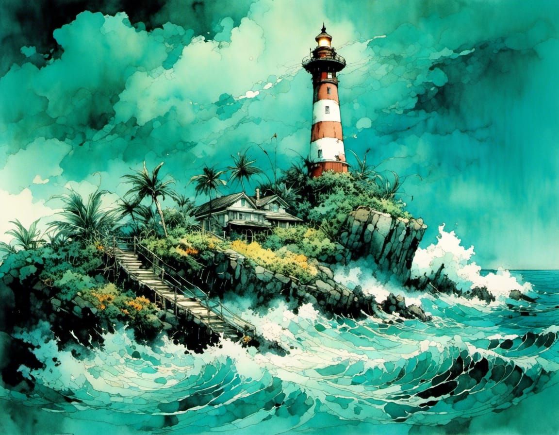Tropical Island Lighthouse in Ocean Storm