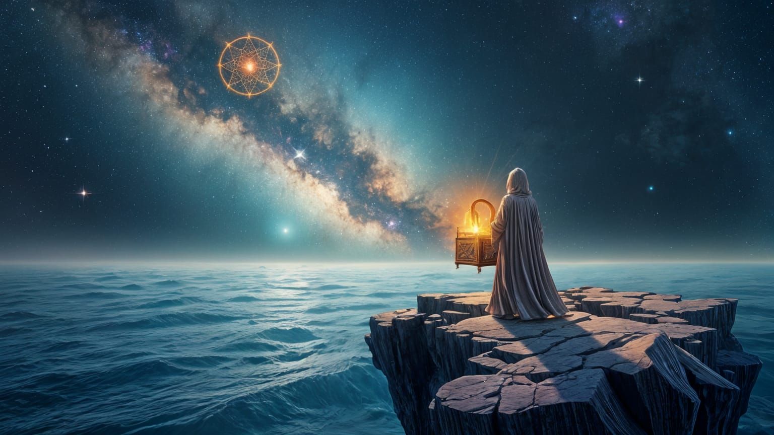 Wizard with Treasure Chest Overlooking Cosmic Ocean