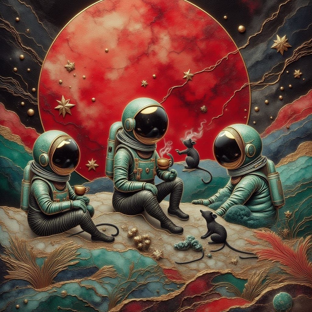 Cat Astronauts on Mars: A Surreal Cloisonne Scene