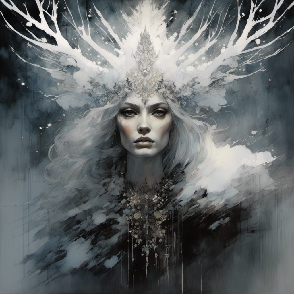 Snow Goddess Portrait in Holographic Style