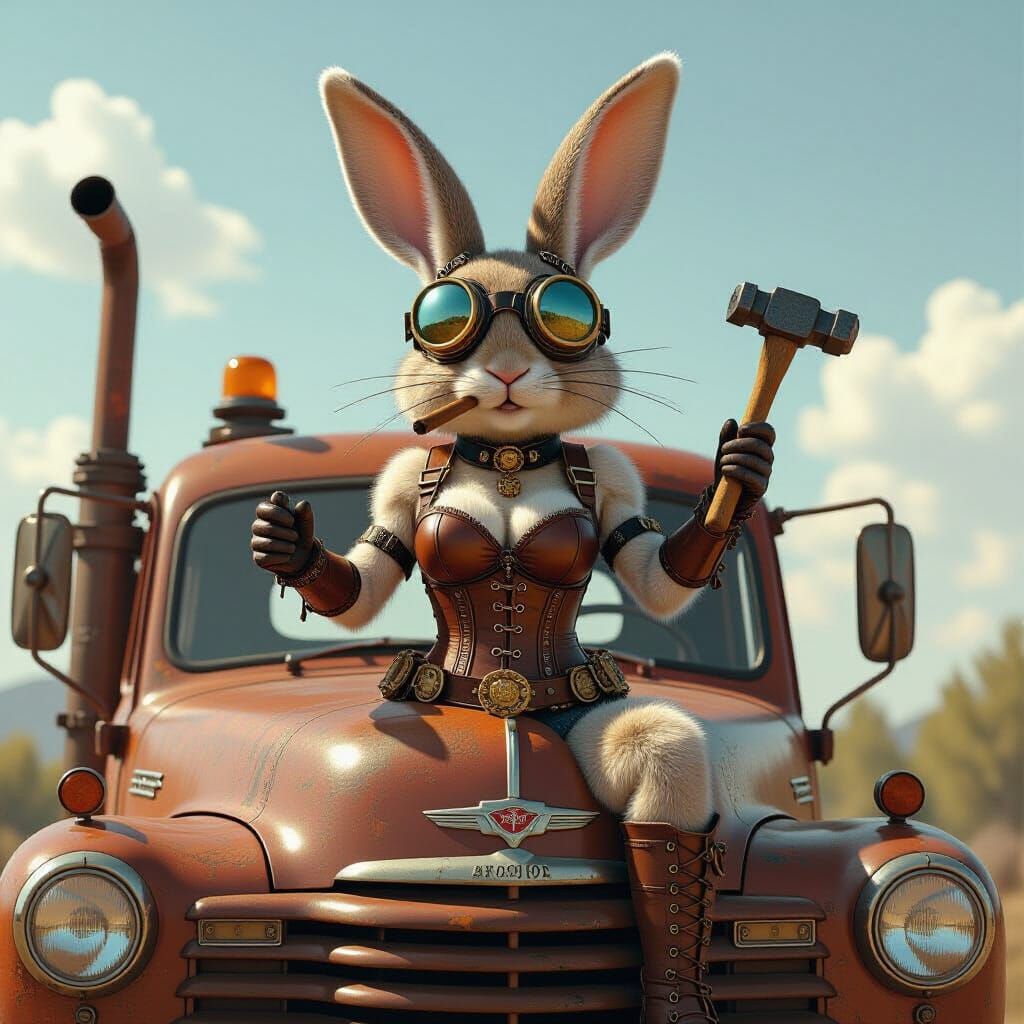 Steampunk Rabbit on Truck with Hammer