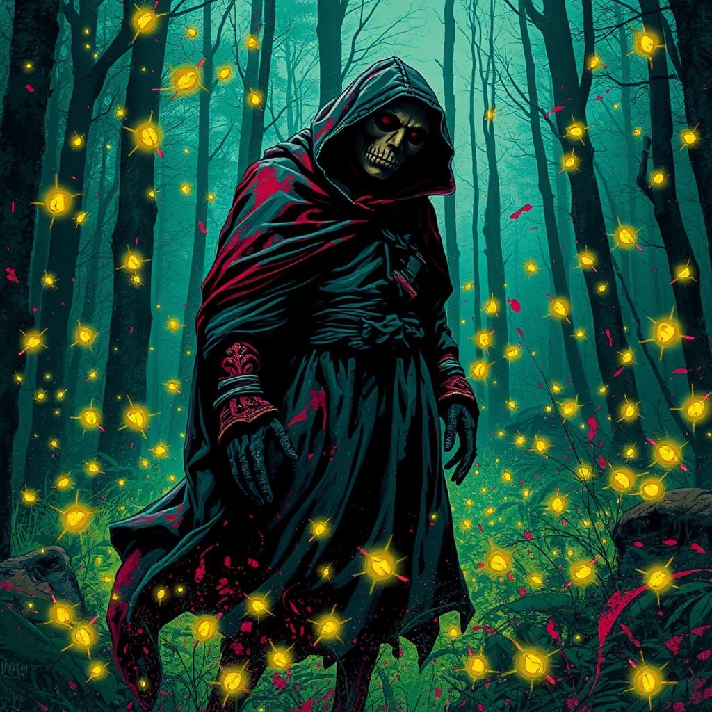 Plague Doctor in Bioluminescent Forest: Street Art Style