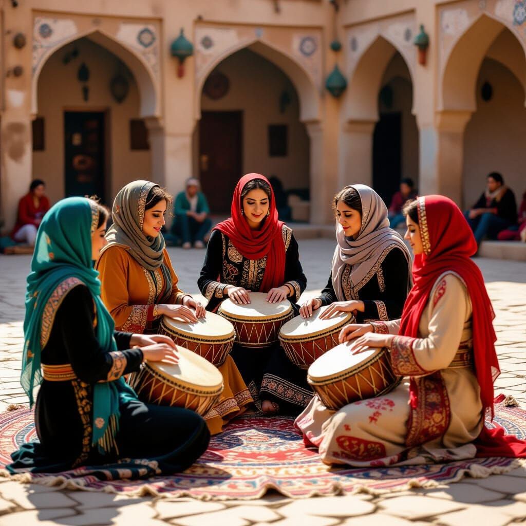 Iranian Women Drum Circle in Village Square