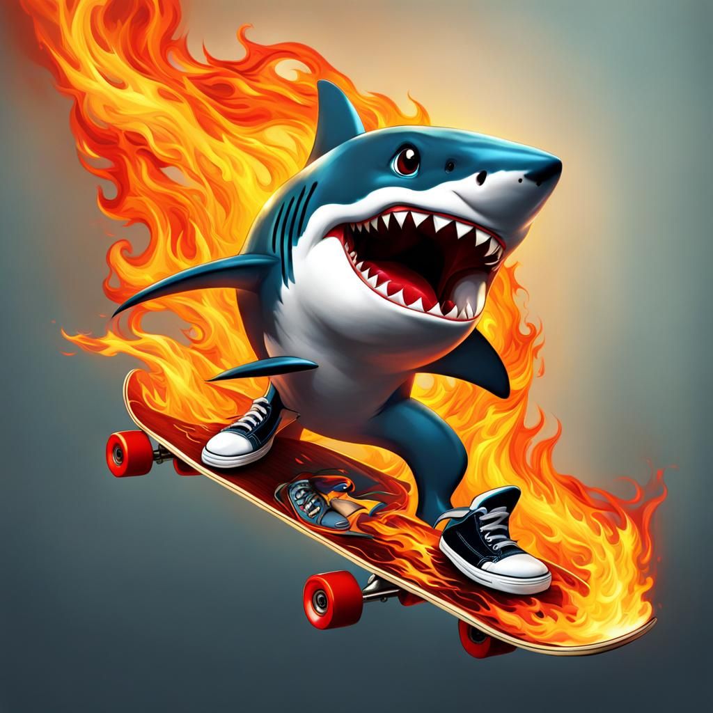Shark Rides Flaming Skateboard: Digital Art