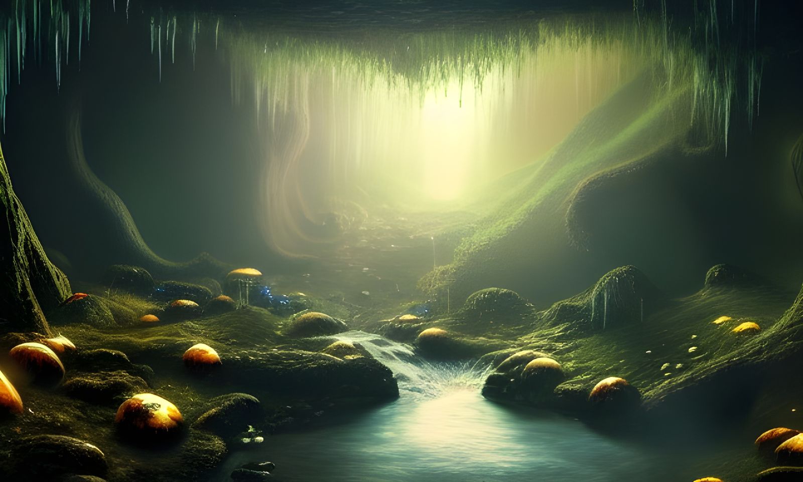 Glowing Mushroom Cave with Waterfall: Gothic Moonscape
