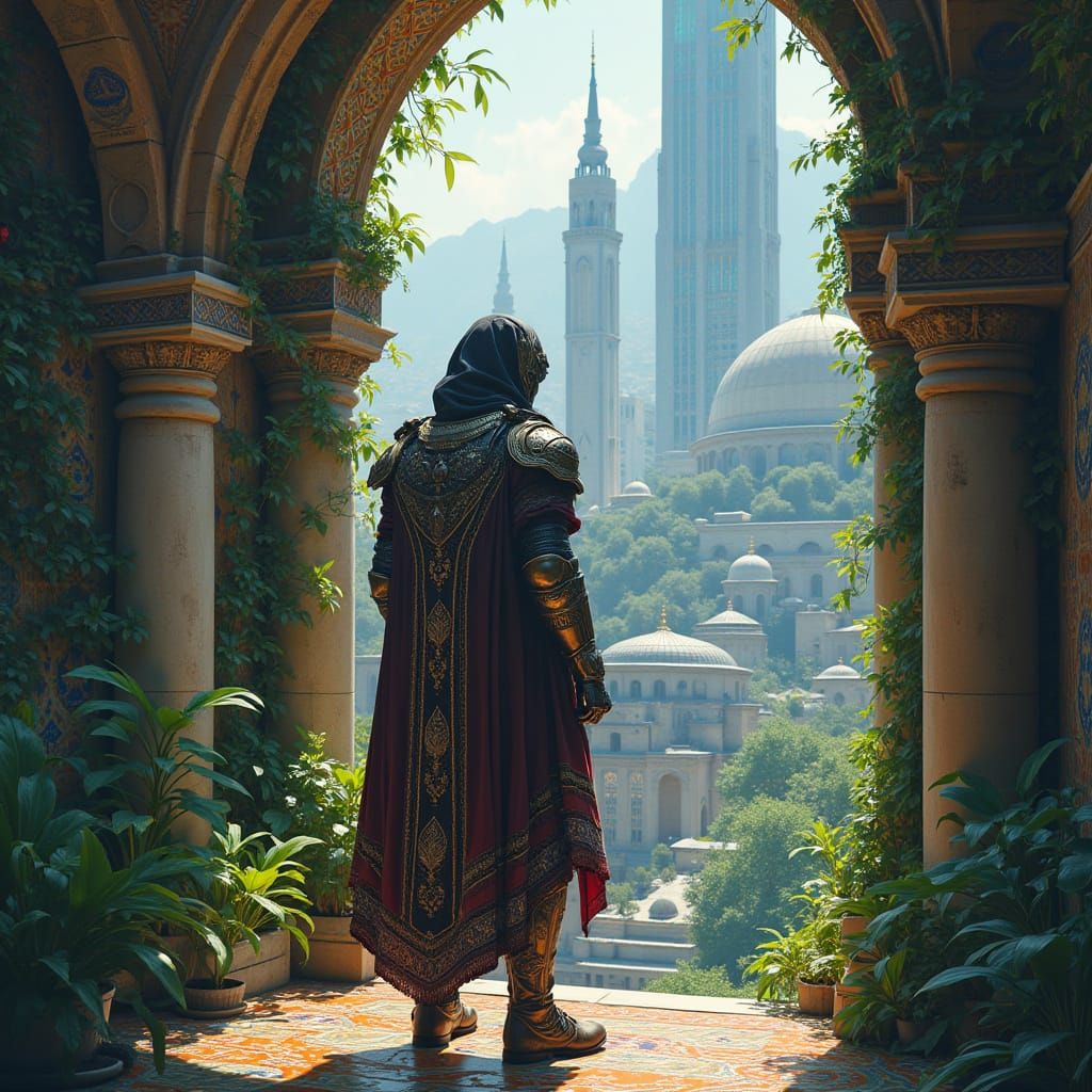 Cyberpunk Janissary Guarding a Hidden Mosque Garden