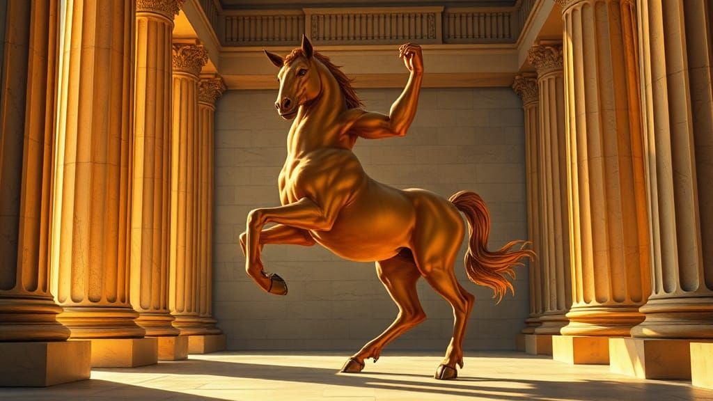 Centaur in Greek Temple as Pre-Raphaelite Painting