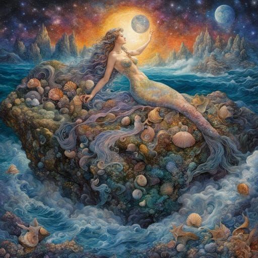 Marble Mermaid Dreamscape in Serigraphy Style