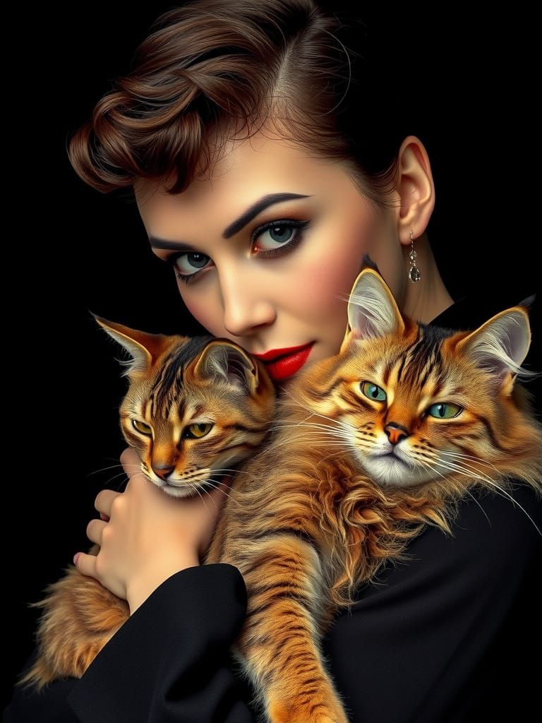 Elegant Actress with Majestic Cat in Hyper-Realistic Style