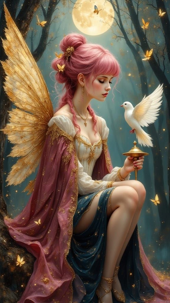 Pre-Raphaelite Fairy Woman with Lamp and Dove