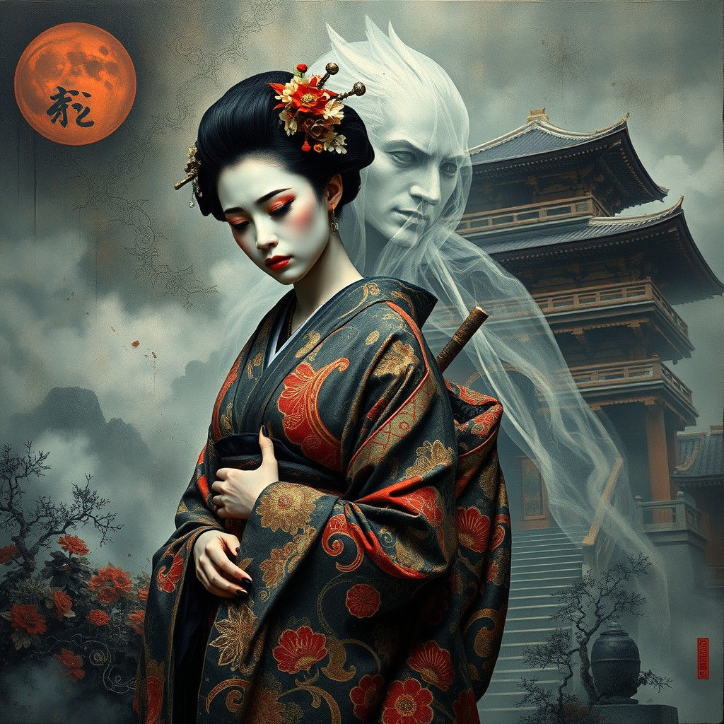 Mournful Geisha with Samurai in Surrealist Impasto Style