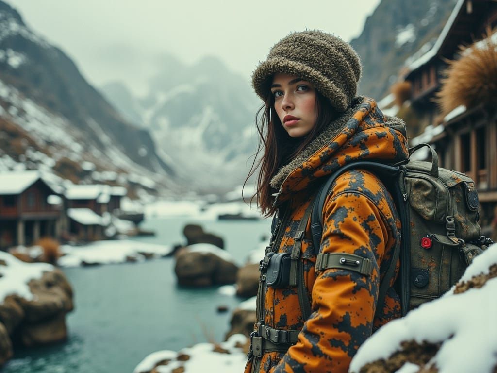 Camouflaged Samurai on Cliff Overlooking Mountain Stream