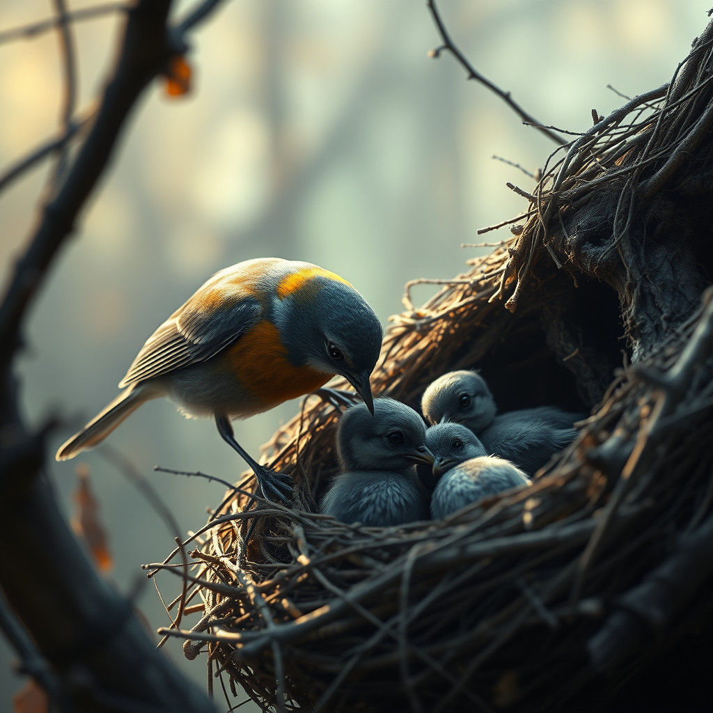 Robin Feeding Chicks: Dramatic Digital Matte Painting
