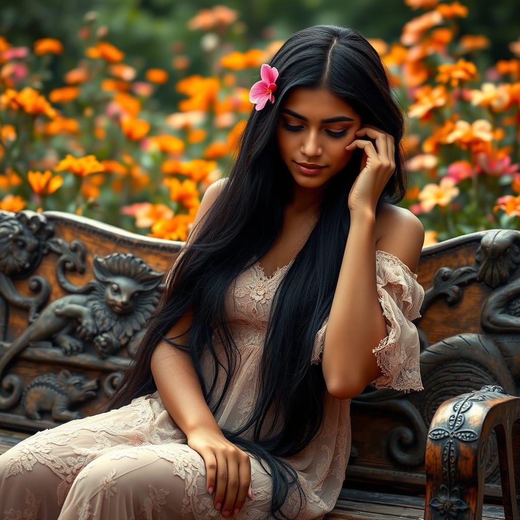 Indian Woman in Lace Dress Amidst Floral Garden