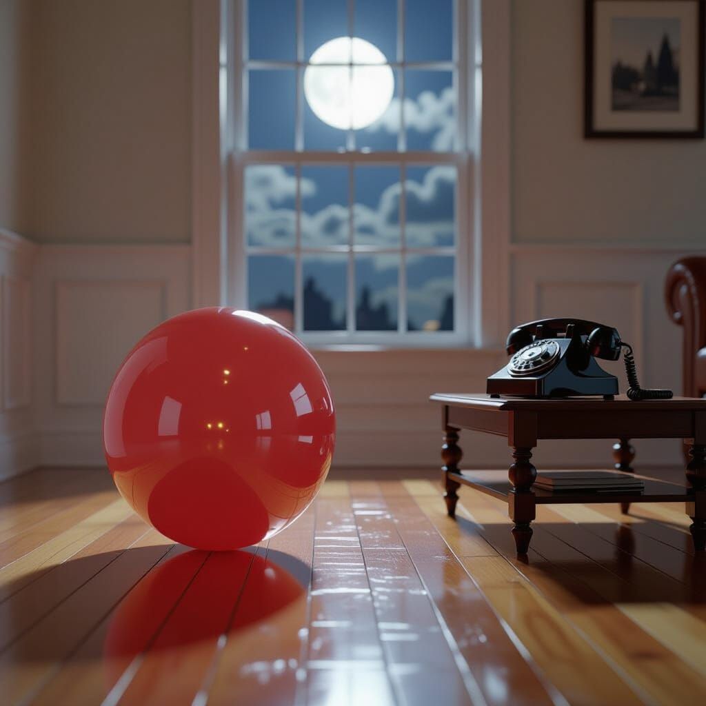 Giant Red Marble Ball in Moonlit Room with Vintage Telephone