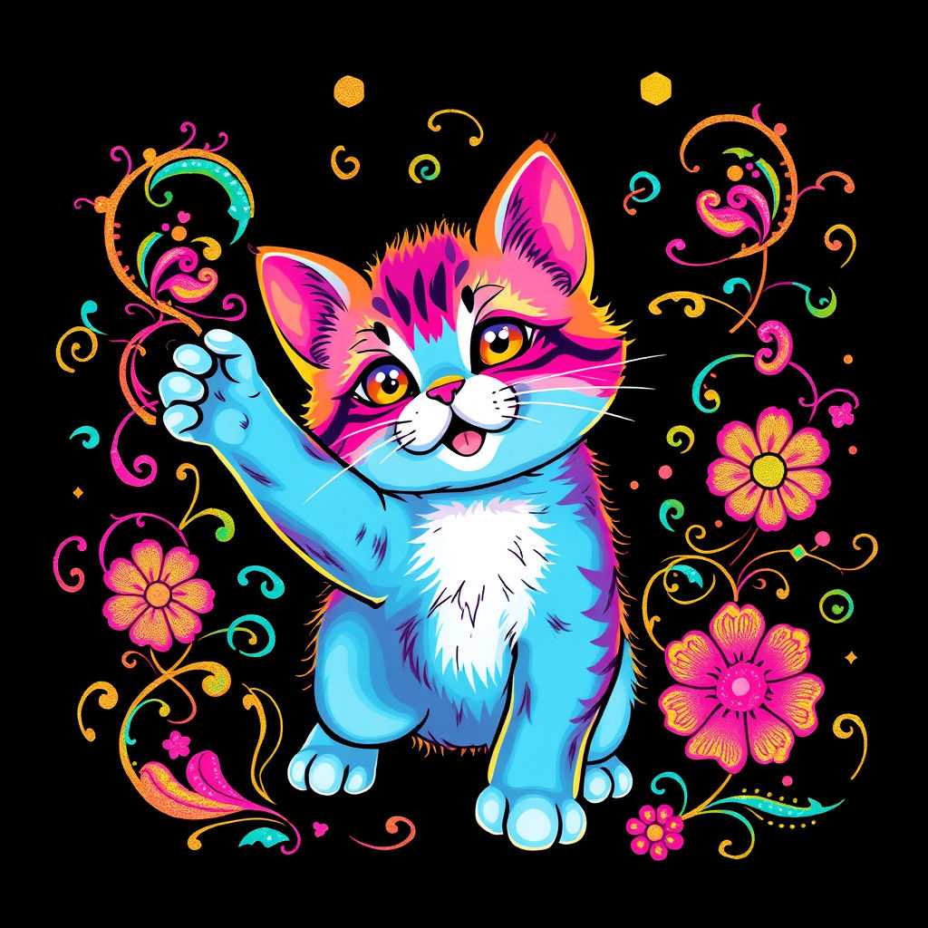 Neon Kitten Illustration in Lisa Frank Style
