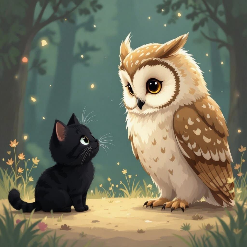Small Cat with Big Eyes Watches a Fluffy Owl