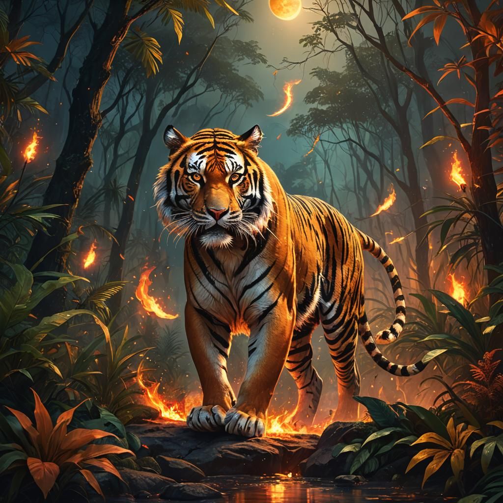 Fiery Tiger Prowls Jungle: Cinematic Fantasy Art