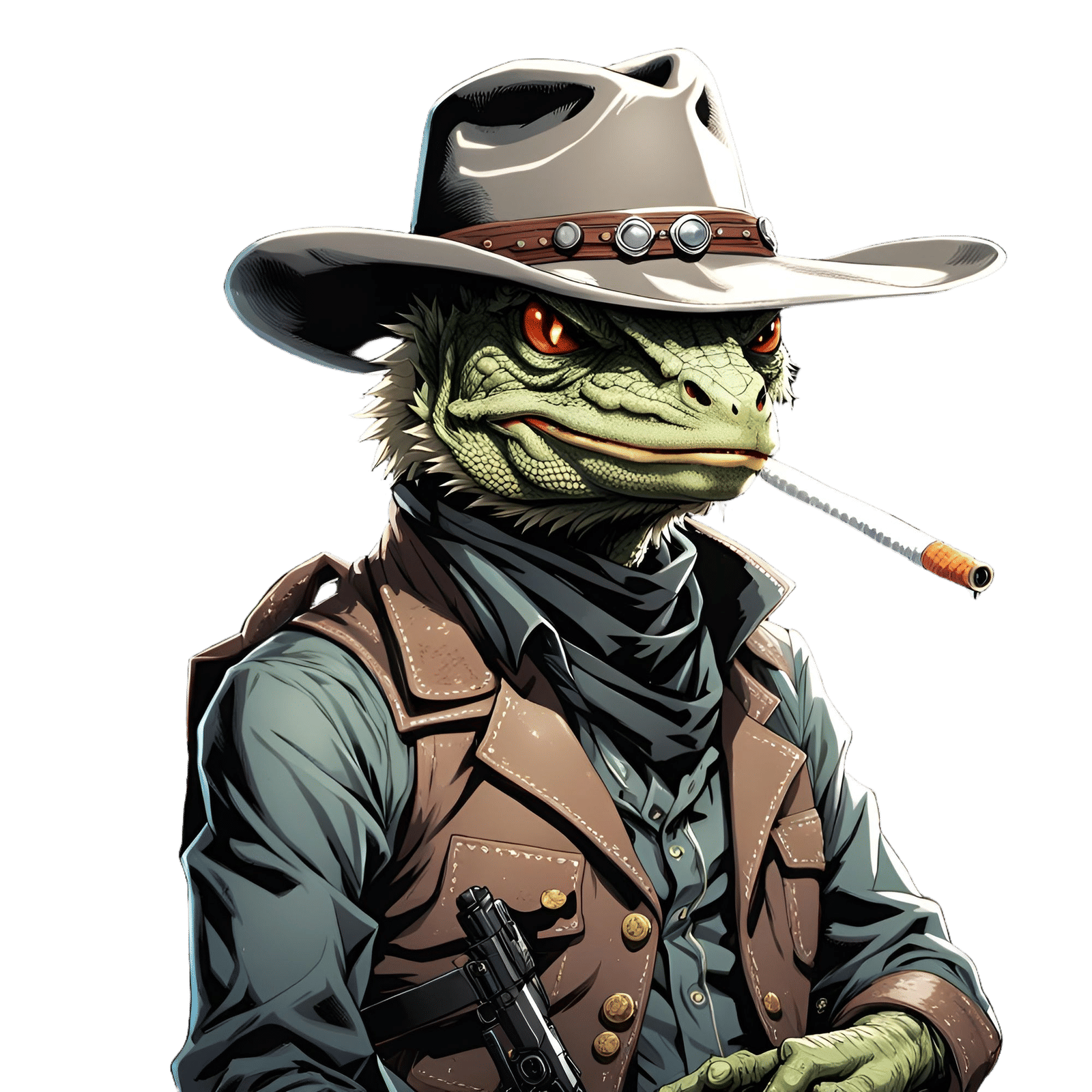 Cowboy Lizard Smoking a Cigarette in Anime Style