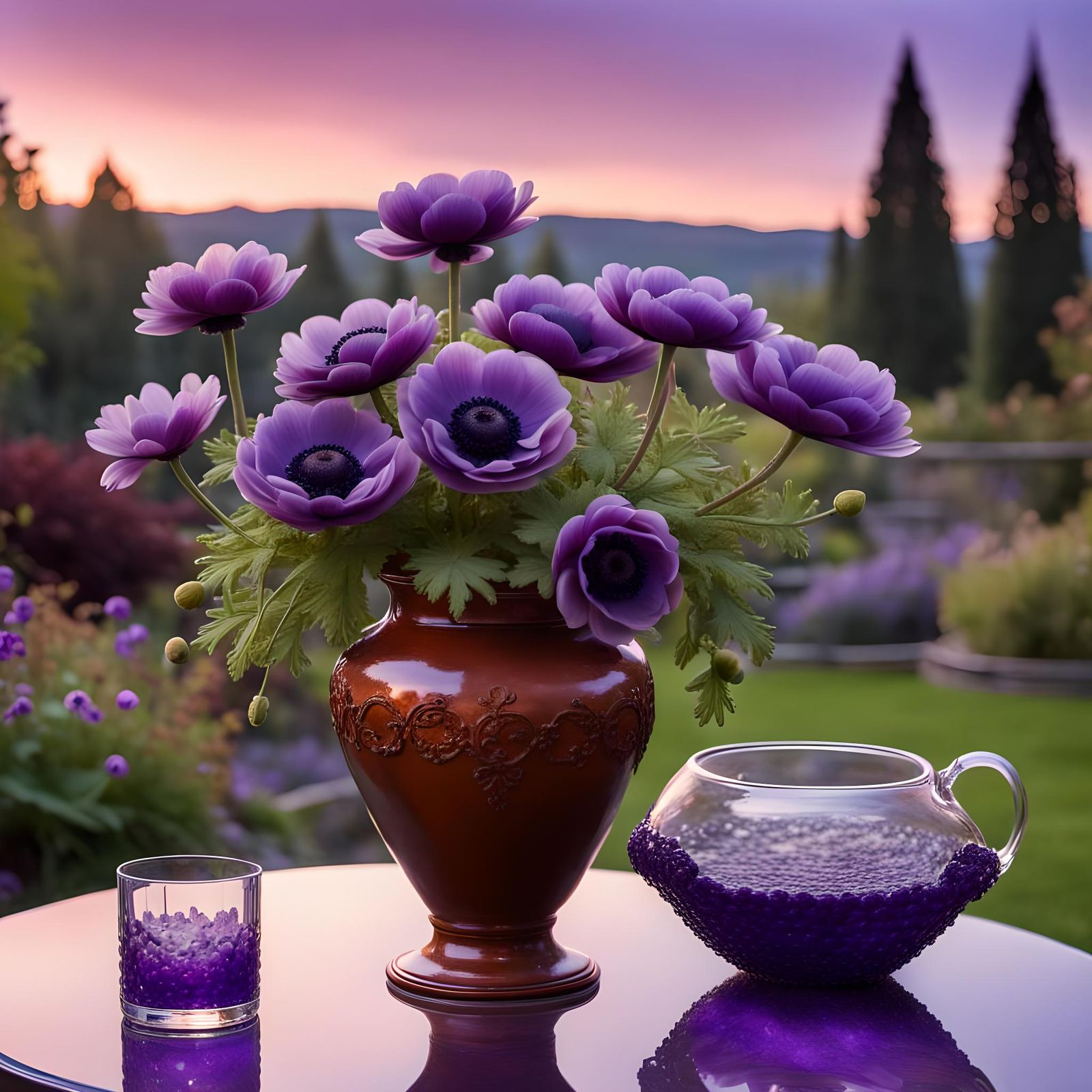 Still Life with Purple Anemones in Twilight Garden