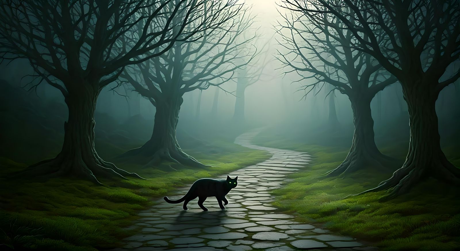 Black Cat Crossing Path on Foggy Day