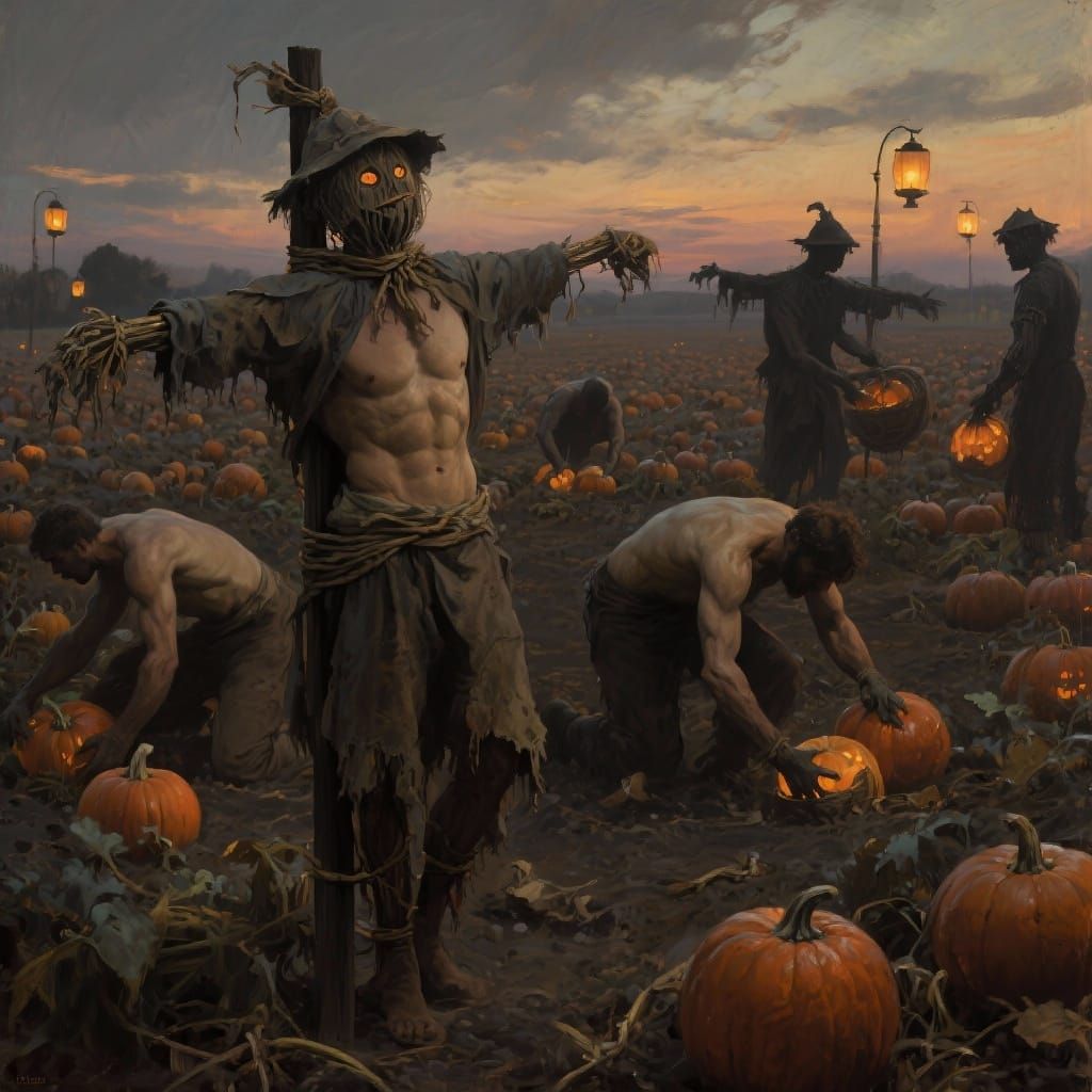Muscular Men in Pumpkin Patch at Twilight Oil Painting