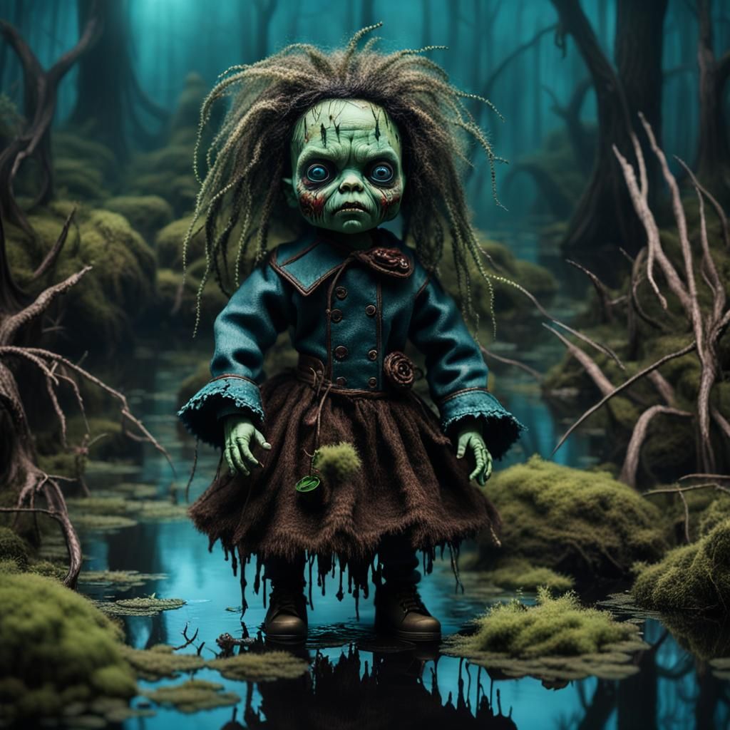 Eerie Horrorpunk Doll in a Haunted Swamp