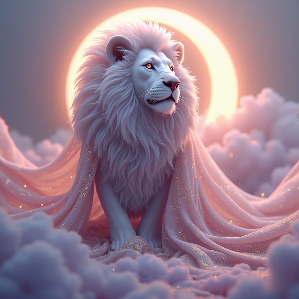 Majestic Lion in Celestial Patterns, 3D Game Cinematic Style