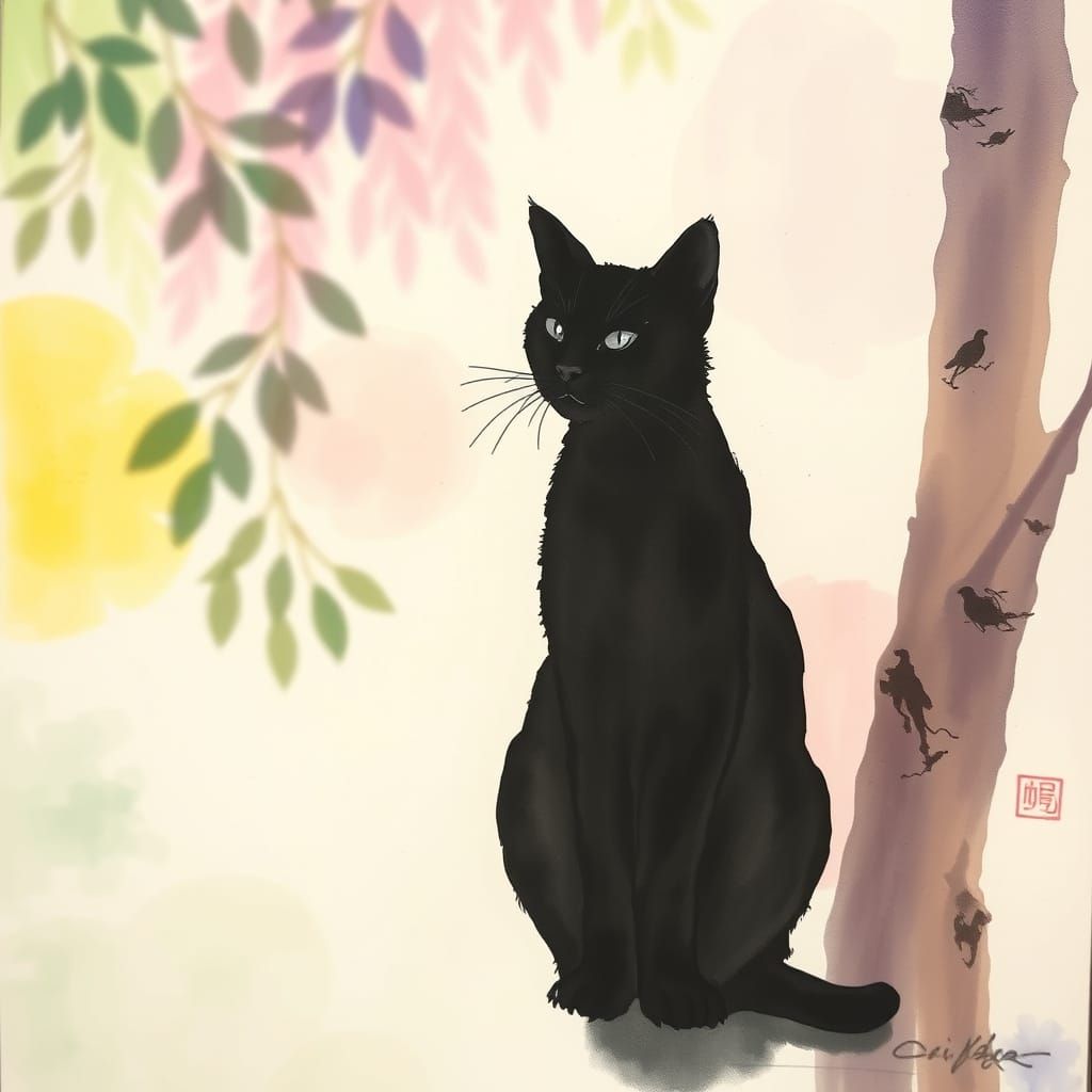Ink Cat Silhouette on Abstract Color Field